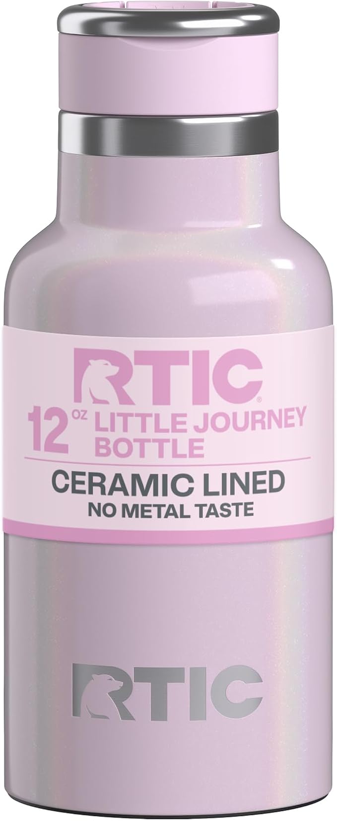 RTIC Little Journey Water Bottle with Straw, Ceramic-Lined, Insulated, Stainless Steel, Metal, Double Wall Vacuum-Insulation, Leak-Proof Lid, BPA-Free Water Flask for Sports, Travel, Pale Pink Glitter