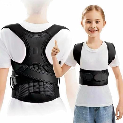 Back Brace Posture Corrector for Kids Teenagers Women, Adjustable Upper Back Straightener Lumbar Support Belt for Student Boys Girls Hunchback Scoliosis Pain Relief Spine Corrector (Black, Medium)