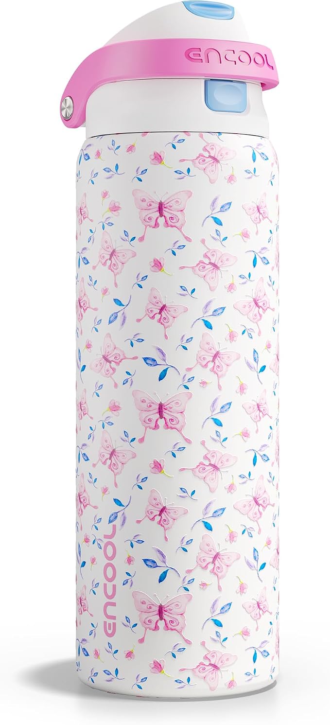 ENCOOL Leakproof Insulated Water Bottle with Straw Dual-Sip Water Bottle Bag-Safe Design for Work, Commute & Gym – Keeps Drinks Cold All Day, 32 oz, Blossom Butterfly