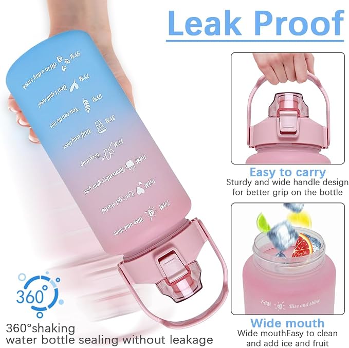 64 oz Large Capacity Water Bottle with Motivational Time Markers and Straw, Portable, Leakproof, BPA Free for Fitness, Gym and Outdoor Sports. (Pink)