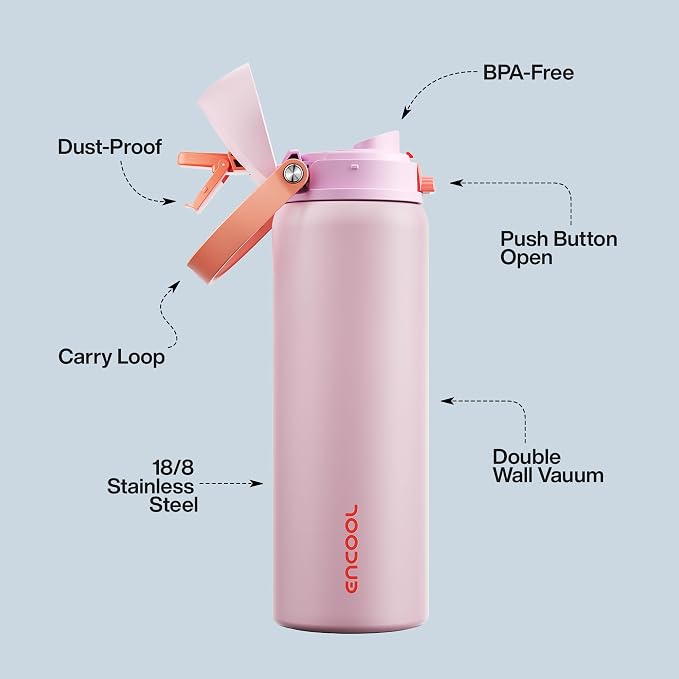 Insulated Water Bottle with Straw - Encool Stainless Steel Water Bottle with Push Button Lid, Leak-Proof & BPA-Free, Keeps Cold for 24 Hours for Sports, Travel, Gym (32 oz, Lily-Red)