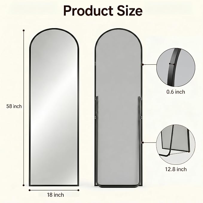 Antok Full Length Mirror, 58"x18" Floor Mirror with Stand, Hanging Mounted Mirrors for Bedroom, Living Room, Cloakroom, Dining Room, Black, Arched