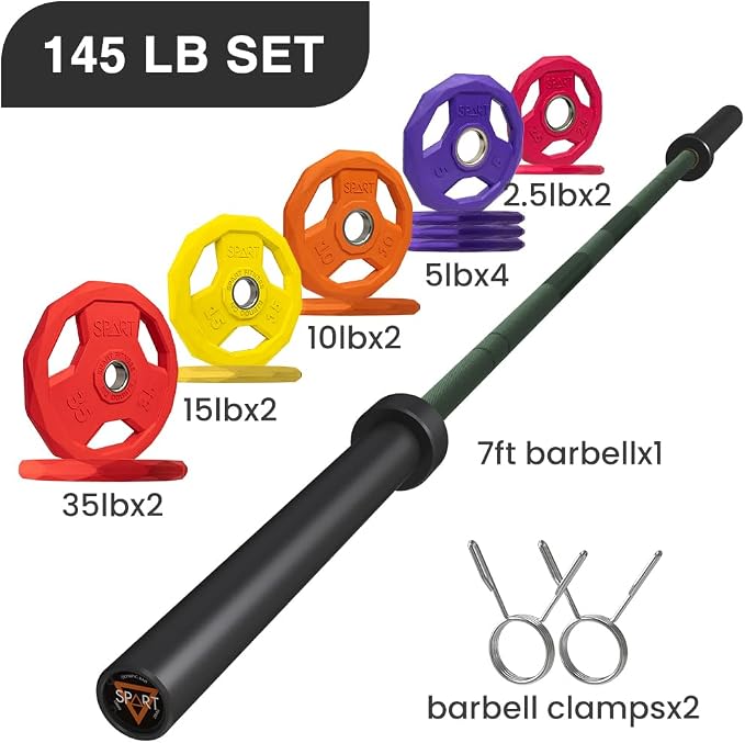 7FT Olympic Barbell Bar with Weight Plate Set Combo, Solid Olympic Bar with Bearings, 700Lbs Capacity Weight Bar for Home Gym Strength Training, Weightlifting, Powerlifting, Fit for 2" Olympic Plates