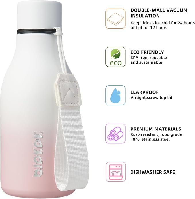 BJPKPK 12oz Insulated Water Bottle, Stainless Steel Bottle with Carry Strap | Keep Cold & Hot Vacuum Insulation, Leak-Proof BPA-Free Design, Slim Bottle Fits Most Cup Holders for Gym, Office & Travel