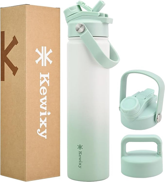 24 oz Insulated Water Bottle, 2-in-1 Lid, Straw & Spout with Protected, Leak Proof, Keep Cold 24H, Cup Holder Fit, Stainless Steel, Metal, Reusable, for Travel, Gym and School, 2 Lids, Iced Mint