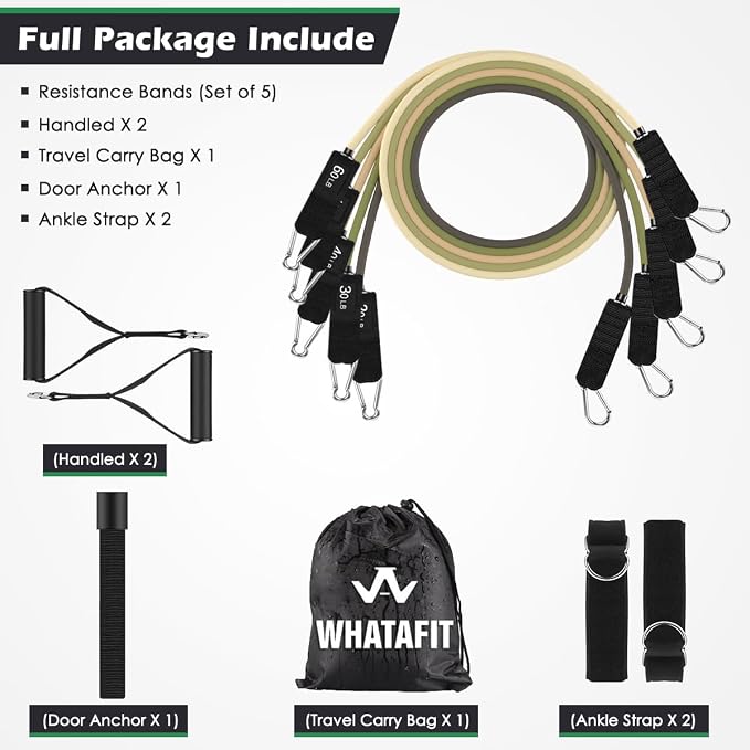 WHATAFIT Resistance Bands with Handles, 5-Level Exercise Bands for Workout | Natural latex,10-50 lbs, stackable to 150,Ankle Straps, Door Anchor,Guide. For Strength, Yoga,Home Gym,Travel & Workout.