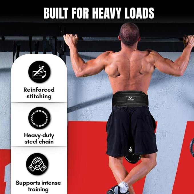 Dip Belt with Chain – Weighted Pull Up Belt, Dip Weight Belt, Weightlifting Belt for Pullups, Squats, and Dips, Belt Squat Attachment Ideal Weight Belt for Pullups, Weightlifting, and Gym Workouts (Black)