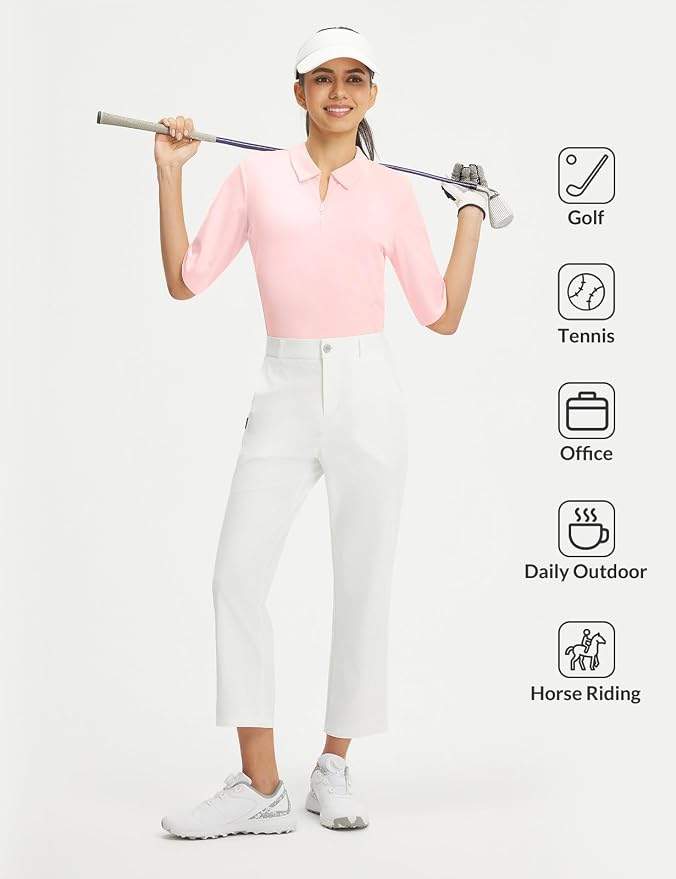baleaf Womens Golf Shirts Half Sleeve Elbow Length Polo Tops | Stretch, Sun Protection UPF 50+, Quick Dry, Breathable, Moisture Wicking, Quarter Zip V Neck, Ideal for Golf Work Casual