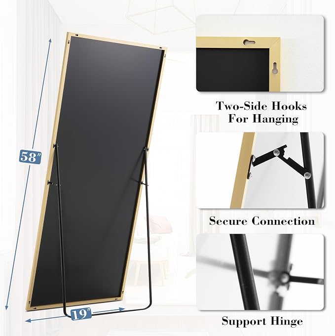 DUMOS 58"x19" Full Length Mirror, Full Body Mirror, Gold | Aluminum Alloy Thin Frame, Leaning or Hanging, Suitable for Bedroom, Livingroom, Cloakroom