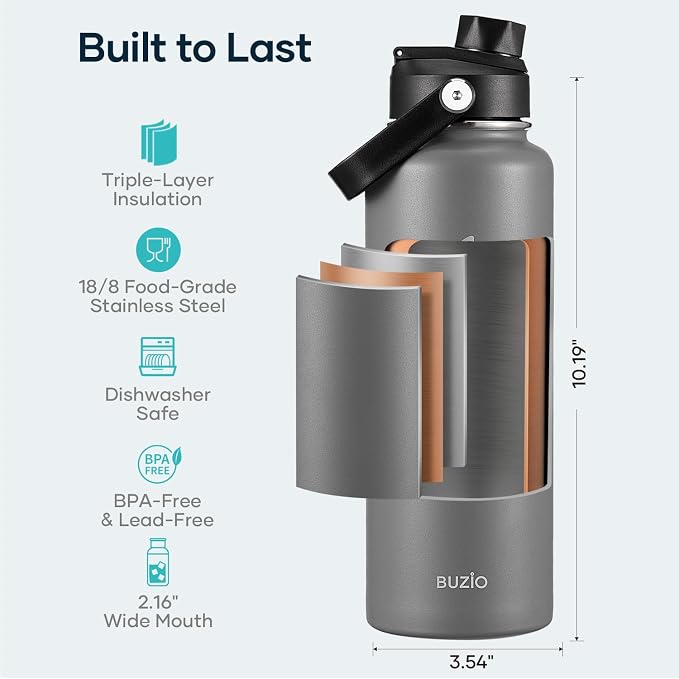 BUZIO Double Wall Stainless Steel Sports Wide Mouth Water Bottle, BPA-Free Flex Cap and Straw Lid, 40 Ounces & 32 Ounces Water Bottle, Graphite | 40 oz Insulated Stainless Steel Water Flask (Cold for 48 Hrs/Hot for 24 Hrs), Dishwasher Safe, Leakproof, ...