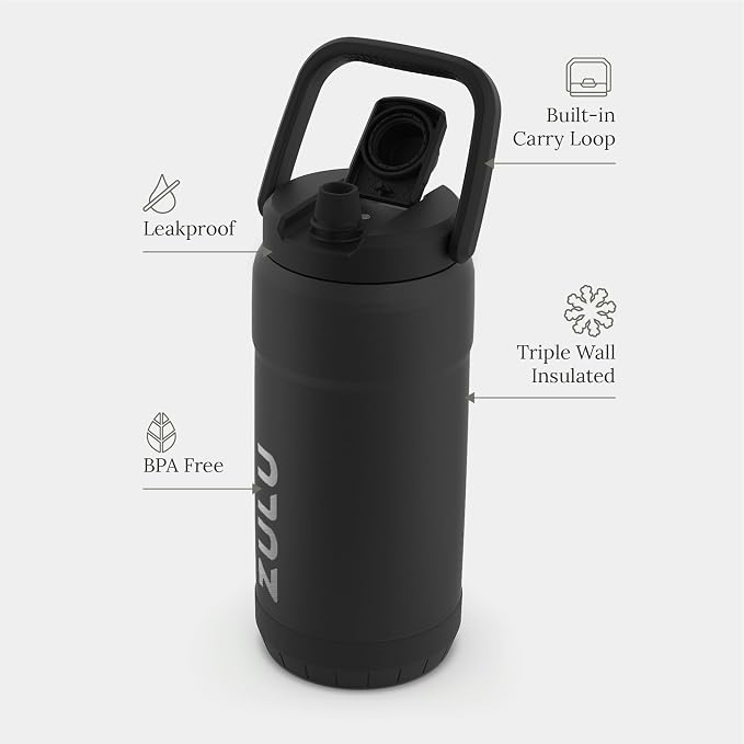 ZULU Goals Vacuum Insulated Large Capacity Stainless Steel Water Bottle | Reusable Jug Thermoses with Carry Handle | Leak-Proof Lid | Perfect for Travel, Workout, Gym, Hiking, Camping | 64oz, 101oz