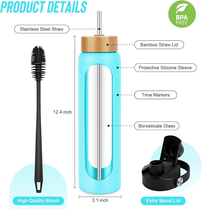 FULBEVY 32 oz Glass Water Bottles - 1 Liter Motivational Tumbler Water Bottle Time Marker - Borosilicate Glass Water Bottle With Silicone Sleeve and 2 Lids, Handle Spout & Bamboo Straw Lid (Teal)