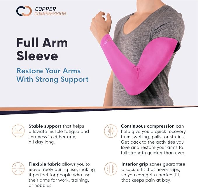 Copper Compression Arm Sleeve - Copper Infused Full Arm Brace for Forearm, Bicep, Triceps - Tennis Elbow, Basketball, Golf, Arthritis, Tendonitis, Bursitis, Post Surgery Rehab - Odor Resistant - Pink - XXL