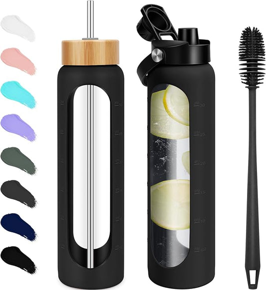 FULBEVY 32 oz Glass Water Bottles - 1 Liter Motivational Tumbler Water Bottle Time Marker - Borosilicate Glass Water Bottle With Silicone Sleeve and 2 Lids, Handle Spout & Bamboo Straw Lid (Black)