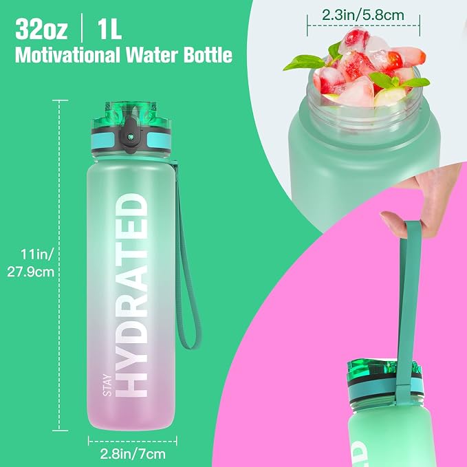 Sahara Sailor Water Bottle 32oz, Tritan Sports Bottle with Time Marker | Bpa Free, Leakproof Wide Mouth With Fast Flow Lid And Cleaning Brush, For Gym School Office Travel, 1 Count