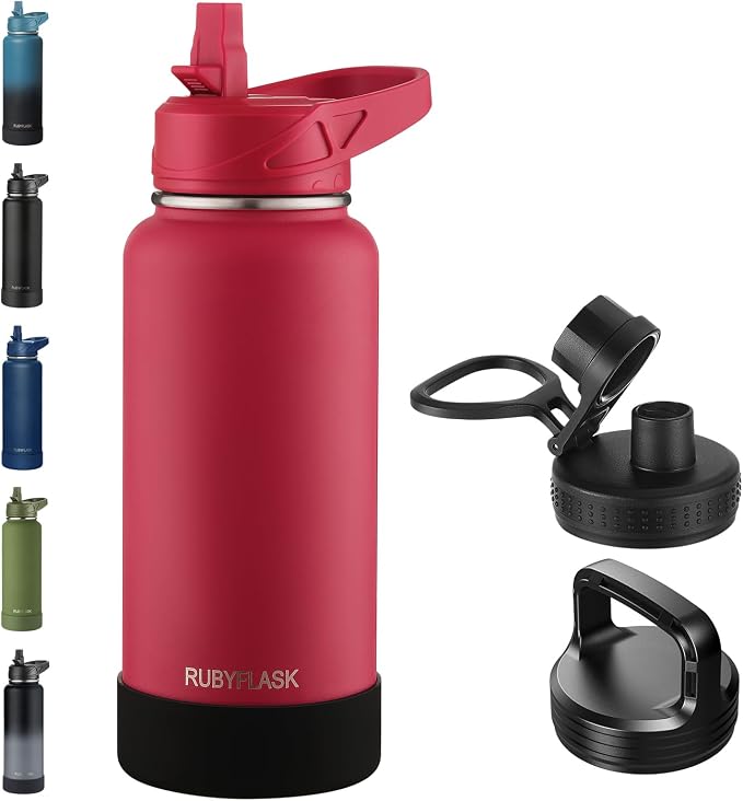 RUBYFLASK 32 oz Insulated Stainless Steel Water Bottle with Straw | 3 Lids, Wide Mouth, Metal Vacuum Leakproof Water Jug Flask and Handle, Large Thermal Cup with Silicone Boot, Red