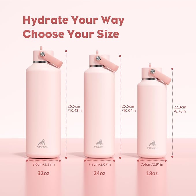 POWCAN 18 oz Water Bottle Insulated: Leakproof, Cold for 24H, CupHodler Friendly, Lid with Straw and Handle, Lightweight, Stainless Steel Water Bottle Kids for Camping, Gift for Girls (Cotton Candy)