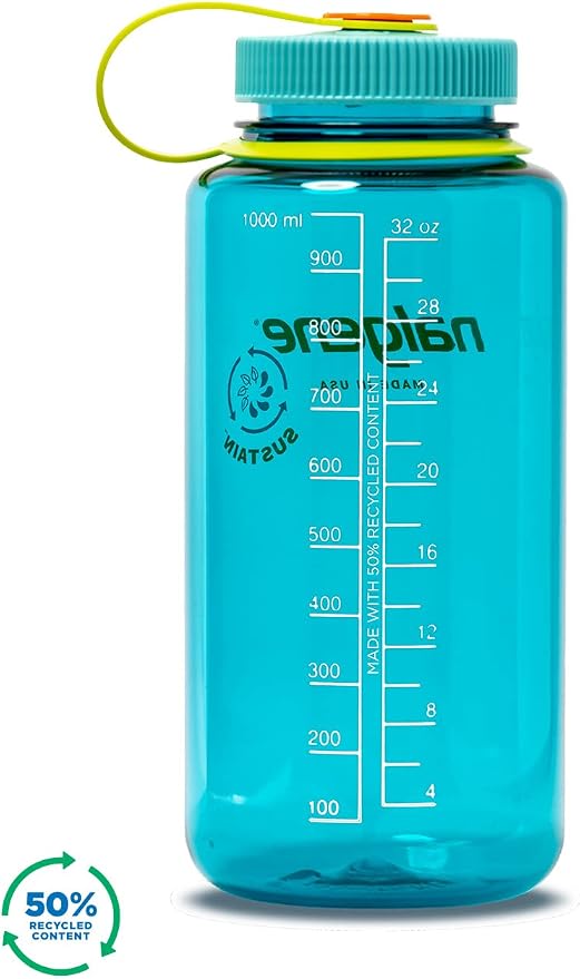 Nalgene 32 oz Wide Mouth Water Bottle | BPA-Free, Durable & Leak Proof, Lightweight Bottle for Hiking & Gym, Work-& Travel, Cerulean (Pack of 6)