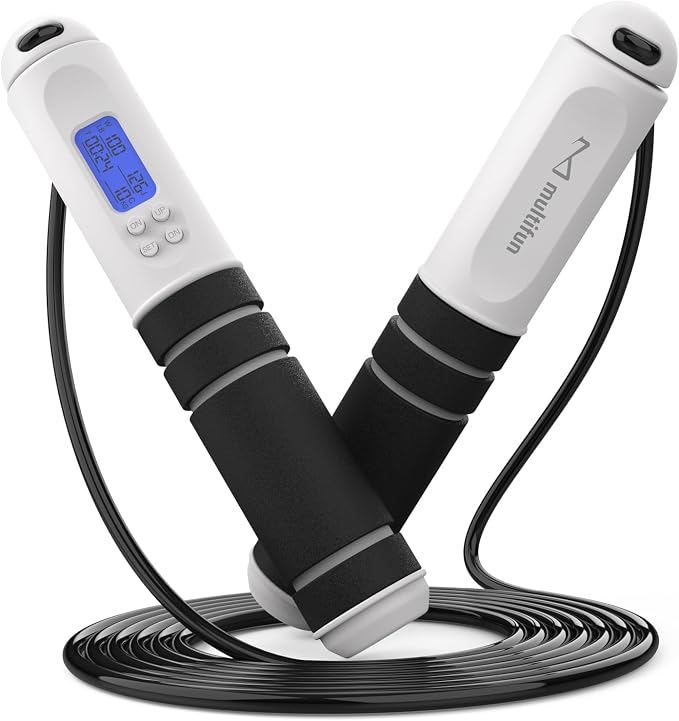 multifun Digital Jump Rope with Smart Counter & Timer - Adjustable Speed Skipping Rope for Fitness, Weight Loss, Boxing, MMA - Tangle-Free Ball Bearings & Anti-Slip Handles for Men, Women, Kids.(Check 2026 New Evolution for 3s Rope Swap)