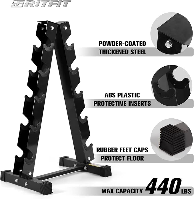 RitFit Rubber Hex Dumbbell Set with Storage Weight Rack | Rubber Heavy-Duty Coated Cast Iron, Knurled Chrome Handle, Space-Saving Storage for Home Gym Strength Training