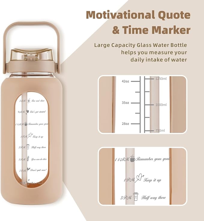 74 oz Glass Water Bottle with 2-in-1 Straw Lid Large Gallon Water Bottle with Time Marker & Removable Silicone Sleeve,Wide Mouth BPA-Free Borosilicate Bottle for Gym, Workout & Daily Use