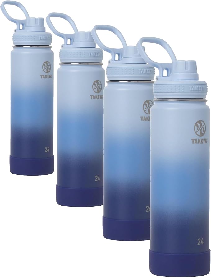 Takeya Actives Stainless Steel WaterBottle,Insulated Spout Lid,Keeps Drinks Cold 24 Hrs,Leakproof,Durable,Dishwasher Safe,Ideal for Gym,Travel,Fits Most Cup Holders,24 oz/Ombre PacificBlue (Pack of 4)