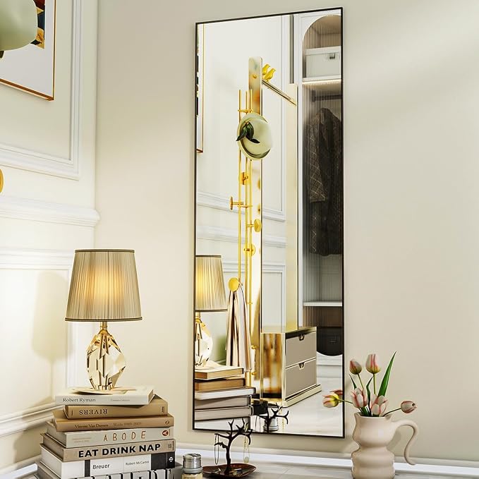 VooBang Mirror Full Length, 18" x 58" Floor Mirror with Stand | Aluminum Alloy Frame Full Body Mirror, Standing Hanging or Leaning Against Wall for Bedroom and Living Room, Black