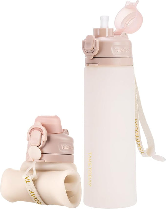 TakeToday Collapsible Water Bottles 21oz (600mL), Foldable Platinum Silicone Travel Water Bottle with Straw & Carry Strap, Leak-Resistant Screw Lid, Wide Mouth, BPA-Free for Hiking, Camping, Travel
