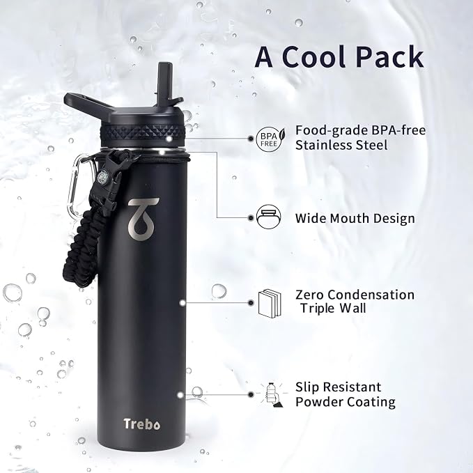Trebo Insulated Water Bottle 24 oz with 3 Lids, Paracord Handle | Stainless Steel Metal Flask Vacuum, Triple Wall Copper Plated, Dishwasher Safe, Cold 48Hrs for Hiking, Fits in Car Holder