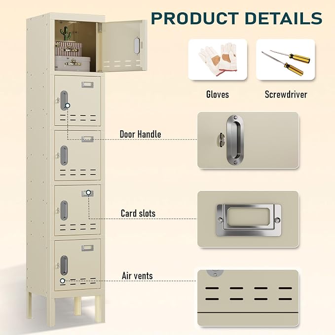 BUTISOW Metal Storage Locker with Lock & Card Slot - Secure Lockable Door - Steel Locker for School, Office, Gym, Home - 66.15" H x 11.8" W x 11.8" D - 5 Door - Beige