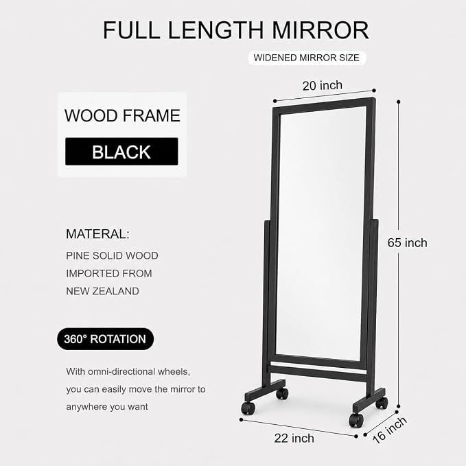 Swivel Adjustable Full Length Mirror on Wheels, 65"x22" Mobile Wood Frame Cheval Bedroom Free Standing Floor Mirror with Stand, Tiltable, Easy to Move (Black-65 x22)