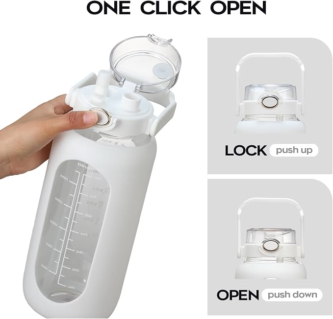 chunmo 74 oz Glass Water Bolttles with Straw Large Motivational Water Bottle with Time Marker Sports Water Bottles with Silicone Sleeve and Handle Lid 2.2L Water Jug for Gym Workout