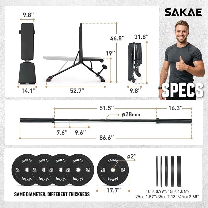 SAKAE Squat Rack with Cable Crossover System, Power Rack with LAT Pull Down, Pull-Up Bar, Dip Bars, Weight Bench, 260 LB Bumper Plates, 7 FT Olympic Bar & Training Attachments, Multiple Options