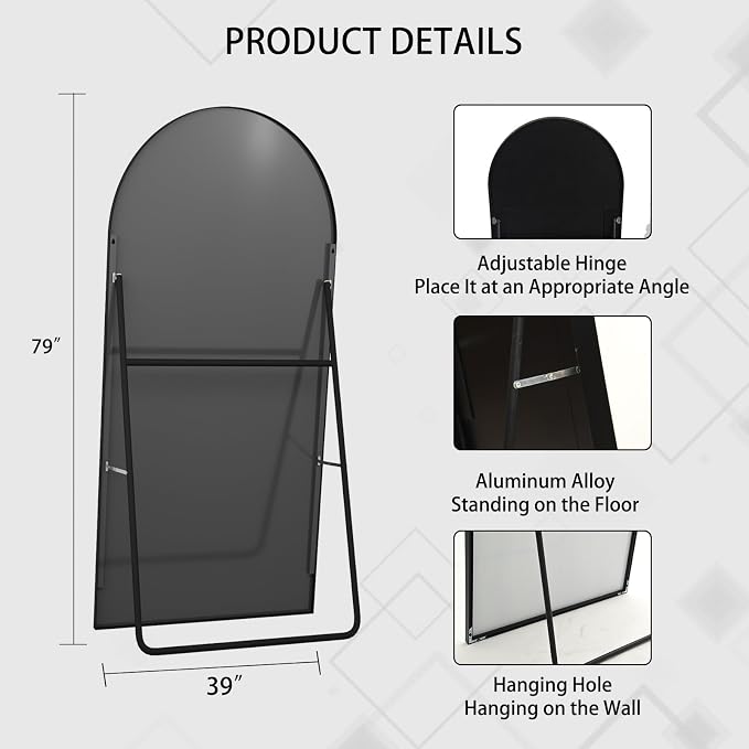 Beauty4U 79" x 39" Arched Full Length Mirror with Stand, Black Floor Mirror | Large Standing, Leaning, or Wall-Mounted Tempered Full Body Mirror with Metal Frame for Bedroom, Closet, Modern Home Decor