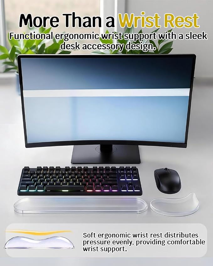 Clear Gel Keyboard Wrist Rest with Mouse Pad Wrist Support, Ergonomic Wrist Rest for Computer Keyboard and Mouse, Non-Slip Cooling Keyboard Pad for Office, Gaming & Laptop (Clear)