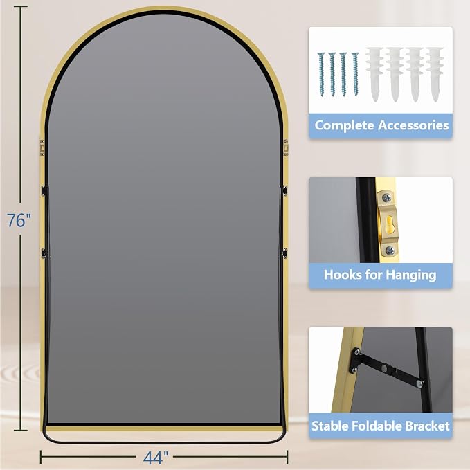 MirrMuse Oversized Arched Full Length Mirror with Stand, 76"X44", Gold | Tempered Glass, Free Standing, for Bedroom Living Room Clothing Store Gym, Aluminum Alloy Frame, Hanging or Leaning