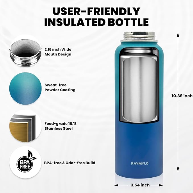 RAYMYLO Insulated Water Bottle 40 oz, Triple Wall Vacuum Stainless Steel | (Cold for 36Hrs, Hot for 18Hrs), Leak Proof & Non-BPA, Modern Water Flask Jug with Paracord Handle & Straw Spout Lids
