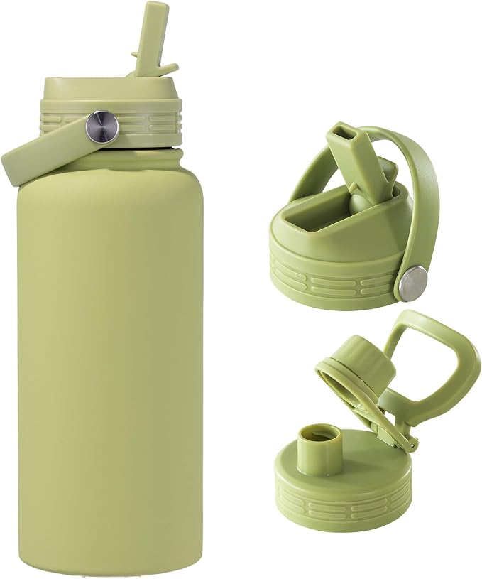 Green Insulated 32 oz Metal Leakproof Water Bottle | Mens Stainless Steel Water Flask, Large Sports Travel Water Bottle for Gym,Hiking,1 liters Thermal Bottle with 2 Lids