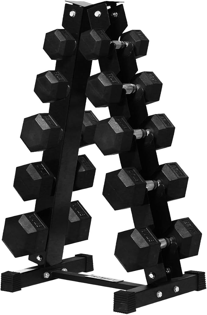 RitFit Rubber Hex Dumbbell Set with Storage Weight Rack | Rubber Heavy-Duty Coated Cast Iron, Knurled Chrome Handle, Space-Saving Storage for Home Gym Strength Training