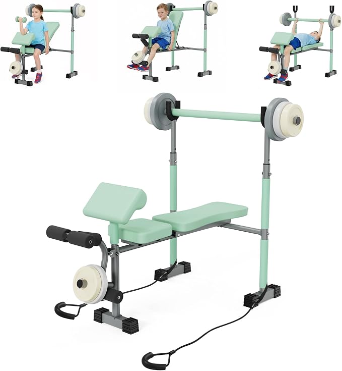 Kids Workout Equipment, Adjustable Kids Workout Bench with Preacher Pad & Leg Developer, Fillable Weight Plates for Home Gym Fitness & Exercise