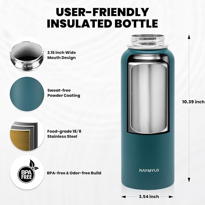 RAYMYLO Insulated Water Bottle 40 oz, Triple Wall Vacuum Stainless Steel | (Cold for 36Hrs, Hot for 18Hrs), Leak Proof & Non-BPA, Modern Water Flask Jug with Paracord Handle & Straw Spout Lids