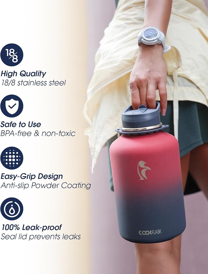 Coolflask Half Gallon Water Bottle Insulated Stainless Steel with Strap | 64 oz Large Water Jug with Straw & Spout Lids,Triple-Wall, Cold 48+h,Dishwasher Safe, Leakproof, BPA-Free,for Gym & Hiking