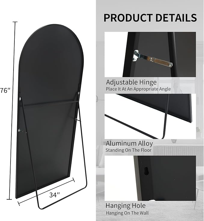 Beauty4U 76" x 34" Arched Full Length Mirror with Stand, Black Floor Mirror | Large Standing, Leaning, or Wall-Mounted Tempered Full Body Mirror with Metal Frame for Bedroom, Closet, Modern Home Decor