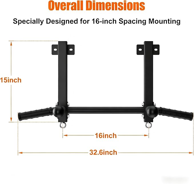 Joist Mounted Pull Up Bar, 650LB Load, Fit 16" Ceiling Beam Spacing | Multi-Grip with Finger Balls, 2 Suspension Rings, Fit Solid Concrete and Wood Mount, Home Gym, Garage & Basement