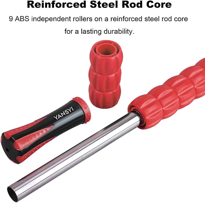 YANSYI Professional 9-Roller Deep Tissue Massage Stick - Portable Muscle Recovery Roller for Athletes, Relieves Post-Workout Soreness & Leg/Back Pain - Portable Physio Tool (Red)