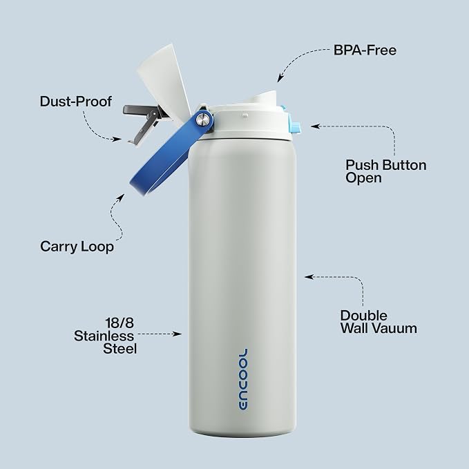 Insulated Water Bottle with Straw - Encool Stainless Steel Water Bottle with Push Button Lid, Leak-Proof & BPA-Free, Keeps Cold for 24 Hours for Sports, Travel, Gym (32 oz, Quill Grey-Blue)