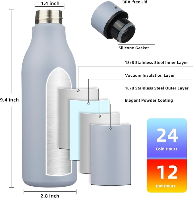 BJPKPK 18oz Insulated Water Bottle, Stainless Steel Bottle with Carry Strap | Keep Cold & Hot Vacuum Insulation, Leak-Proof BPA-Free Design, Slim Bottle Fits Most Cup Holders for Gym, Office & Travel