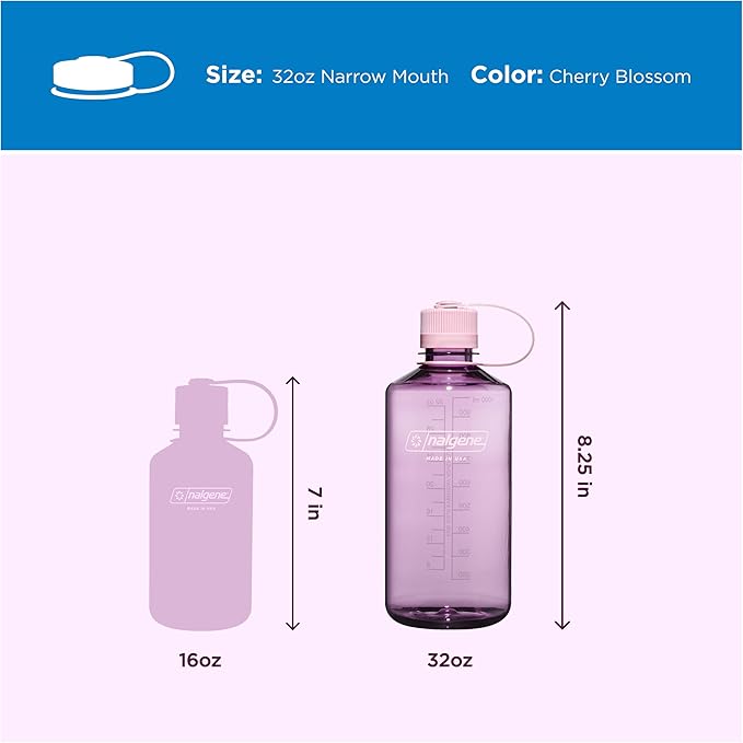 Nalgene 32 oz Narrow Mouth Water Bottle, Cherry Blossom | BPA-Free, Durable & Lightweight, Leak Proof, Dishwasher Safe, Large Reusable Plastic Bottle for Hiking, Gym, Work & Travel