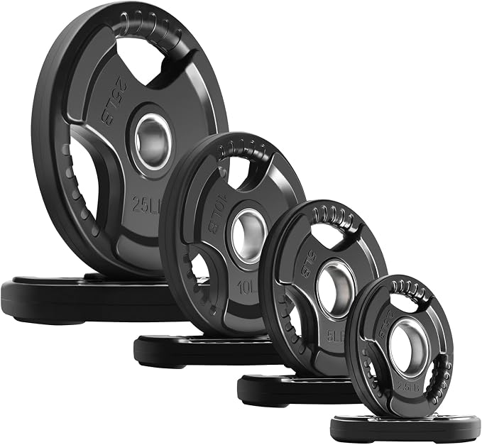 RitFit Olympic Rubber Grip Weight Plates, 2-Inch Barbell Set | Solid Iron Core, Rubber Coated, 2-Inch Olympic Bar Compatible, 3-Hole Grip, 2.5LB to 45LB Weight Options