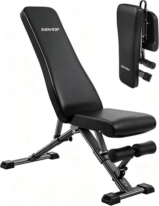 AIRHOP Foldable Workout Bench, 90° to -30° FID Weight Bench for Home Gym | Backrest, Seat, Leg Bar Adjustable, MAX 1000 LBS, 8-Pos Backrest, 3-Pos Seat, 4-Level Leg Support, 19.4" Extended Base Stable